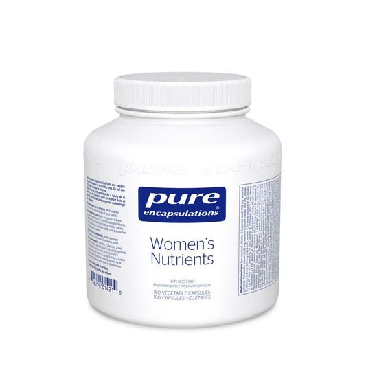 White supplement bottle labeled 'Women's Nutrients' by pure encapsulations on a white background - okotoks hc pharmacy