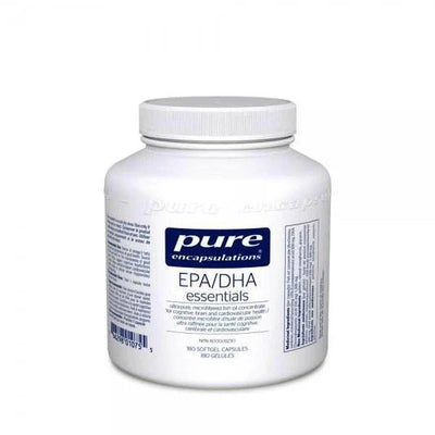 White supplement bottle labeled 'pure encapsulations EPA/DHA essentials' on a white background - okotoks hc pharmacy