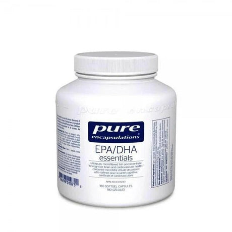 White supplement bottle labeled 'pure encapsulations EPA/DHA essentials' on a white background - okotoks hc pharmacy