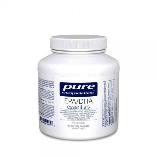White supplement bottle labeled 'pure encapsulations EPA/DHA essentials' on a white background - okotoks hc pharmacy