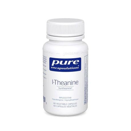 Bottle of pure encapsulations L-Theanine on a white background - okotoks hc pharmacy