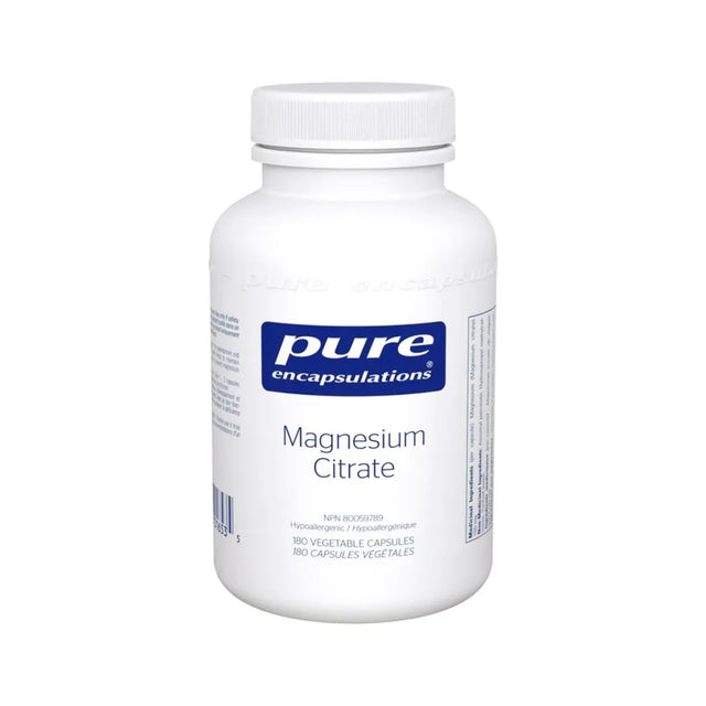 White bottle of pure encapsulations Magnesium Citrate on a white background - Okotoks hc pharmacy