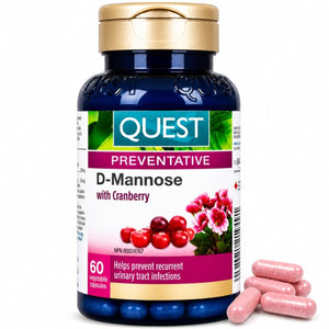 Quest D-Mannose with Cranberry supplement bottle on a white background - okotoks hc pharmacy