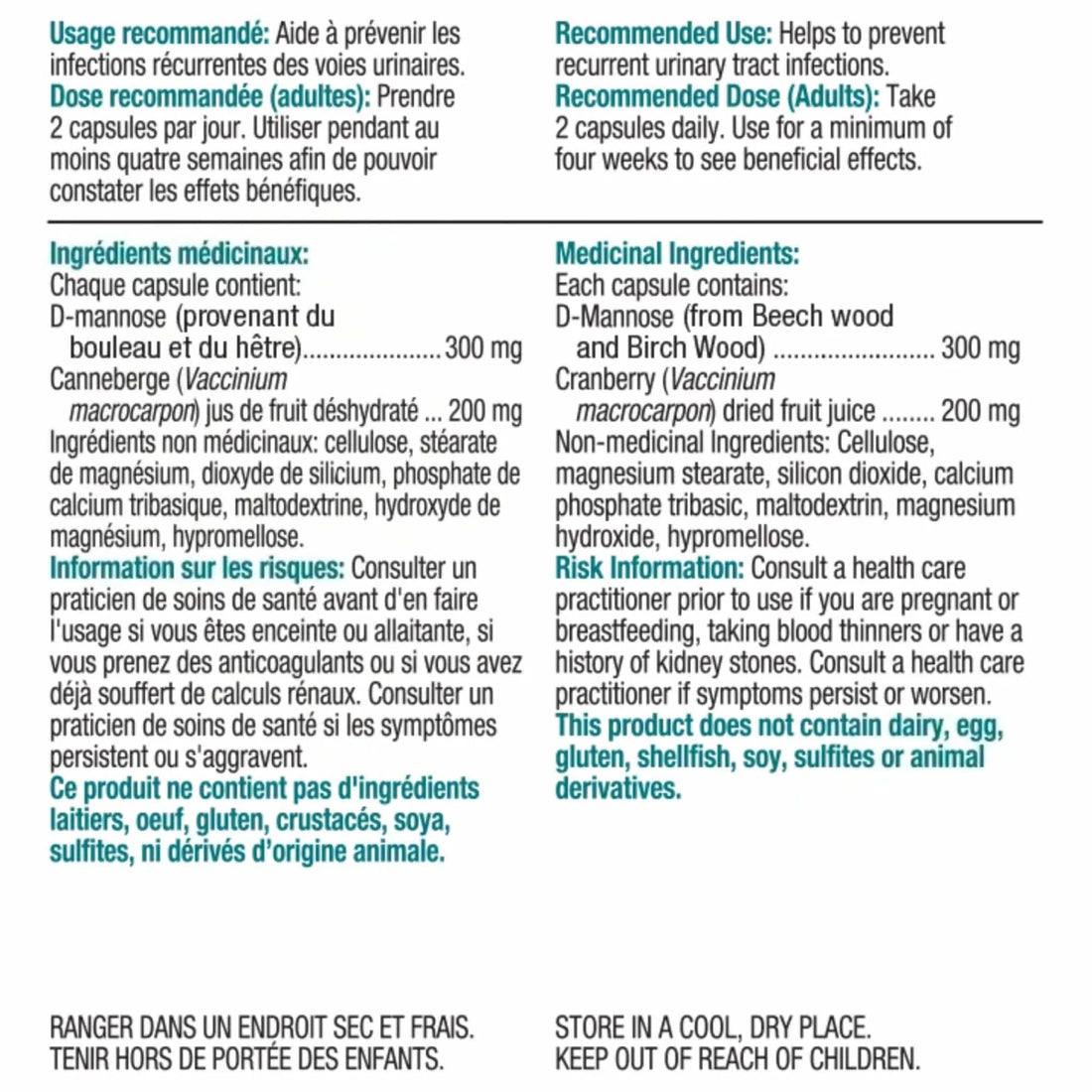 A French and English bilingual product information card for a urinary tract infection treatment, showing recommended usage, dosage for adults, ingredients, and medical instructions on a white background. - okotoks hc pharmacy