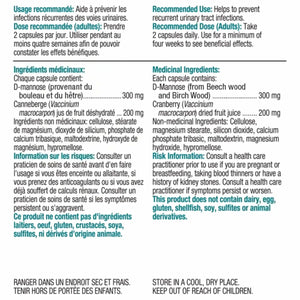 A French and English bilingual product information card for a urinary tract infection treatment, showing recommended usage, dosage for adults, ingredients, and medical instructions on a white background. - okotoks hc pharmacy