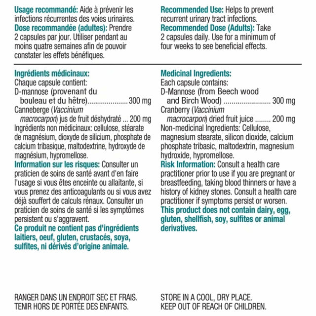 A French and English bilingual product information card for a urinary tract infection treatment, showing recommended usage, dosage for adults, ingredients, and medical instructions on a white background. - okotoks hc pharmacy