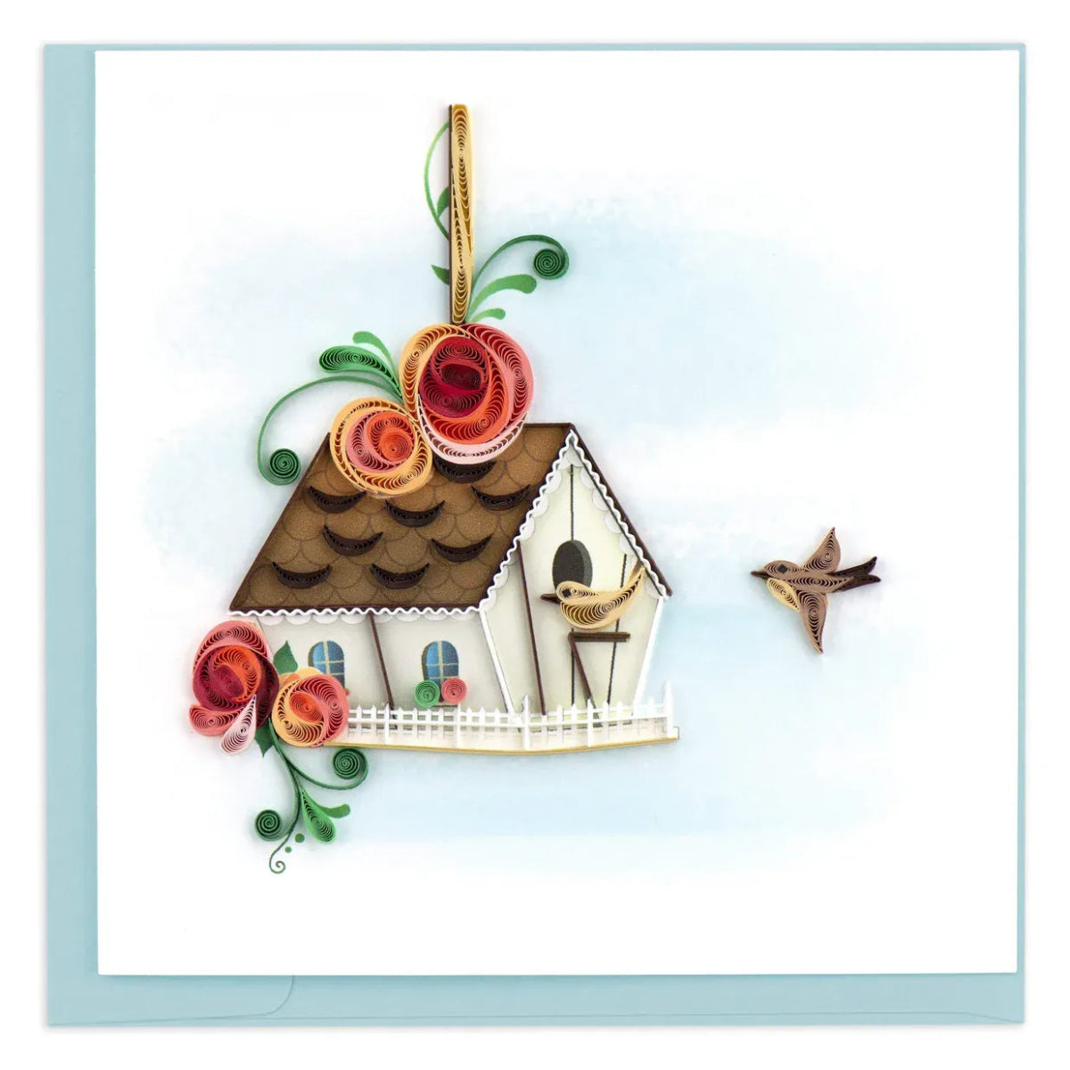 Decorative card with a birdhouse, flowers, and birds on a light blue background - okotoks hc pharmacy