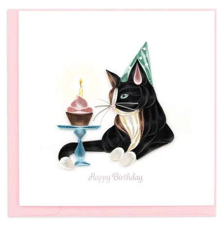Quilled black cat wearing a birthday hat with a cake and candle on a pink border, 'Happy Birthday' text. - okotoks hc pharmacy