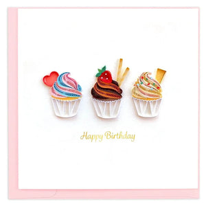 Three colorful cupcakes with decorative elements on a white background, with 'Happy Birthday' text. - okotoks hc pharmacy