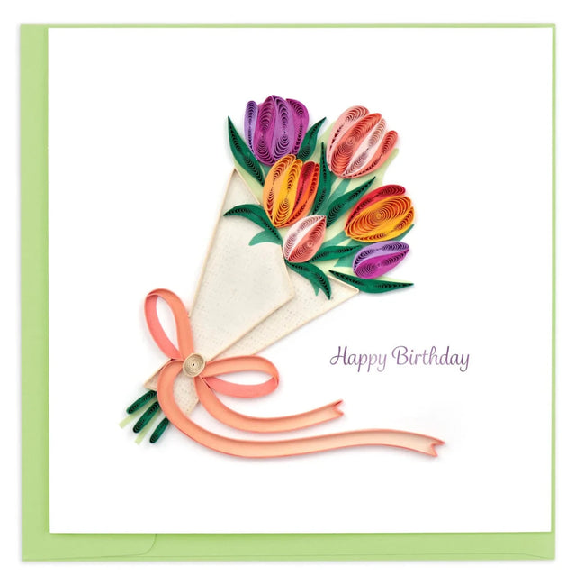 Colorful bouquet of tulips on a birthday card with a green border - okotoks hc pharmacy