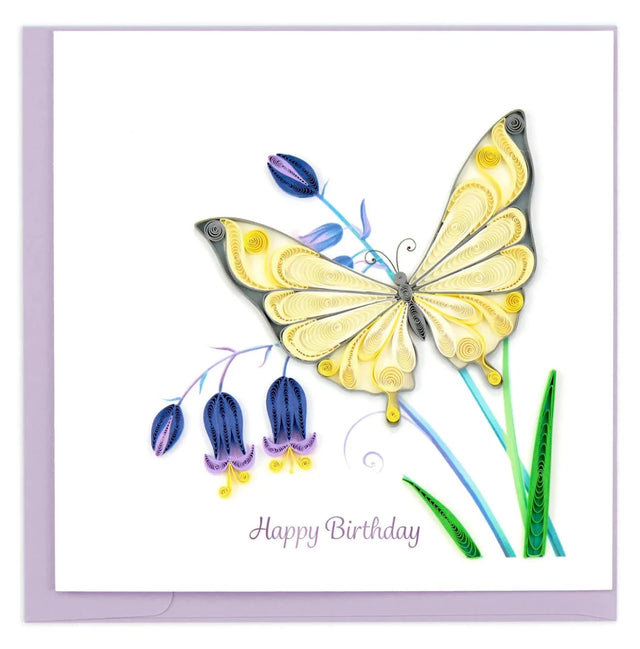 Greeting card with a yellow butterfly and blue flowers on a white background - okotoks hc pharmacy