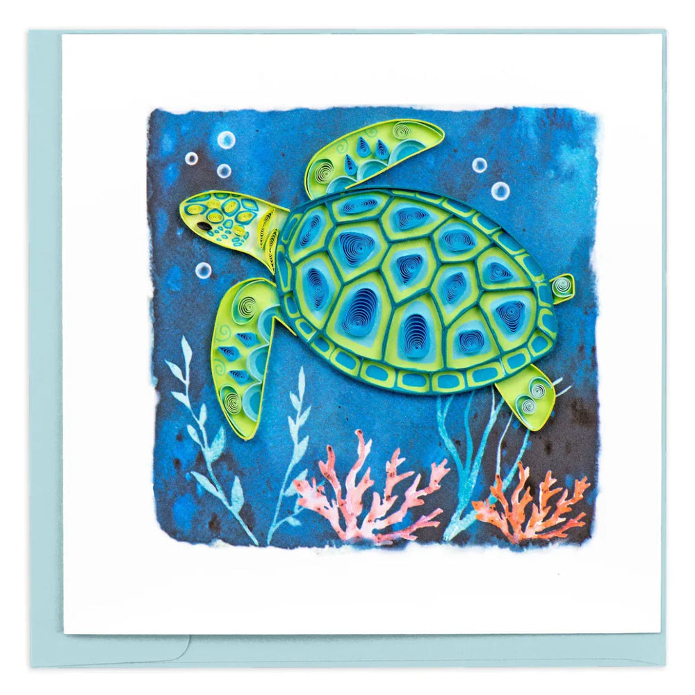 Greeting card with a green sea turtle design on a blue background - okotoks hc pharmacy