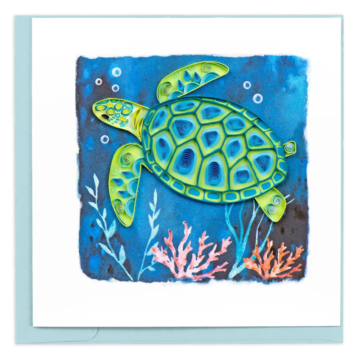 Greeting card with a green sea turtle design on a blue background - okotoks hc pharmacy