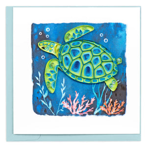 Greeting card with a green sea turtle design on a blue background - okotoks hc pharmacy