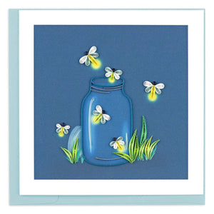 Greeting card with blue jar and glowing fireflies on a blue background - okotoks hc pharmacy