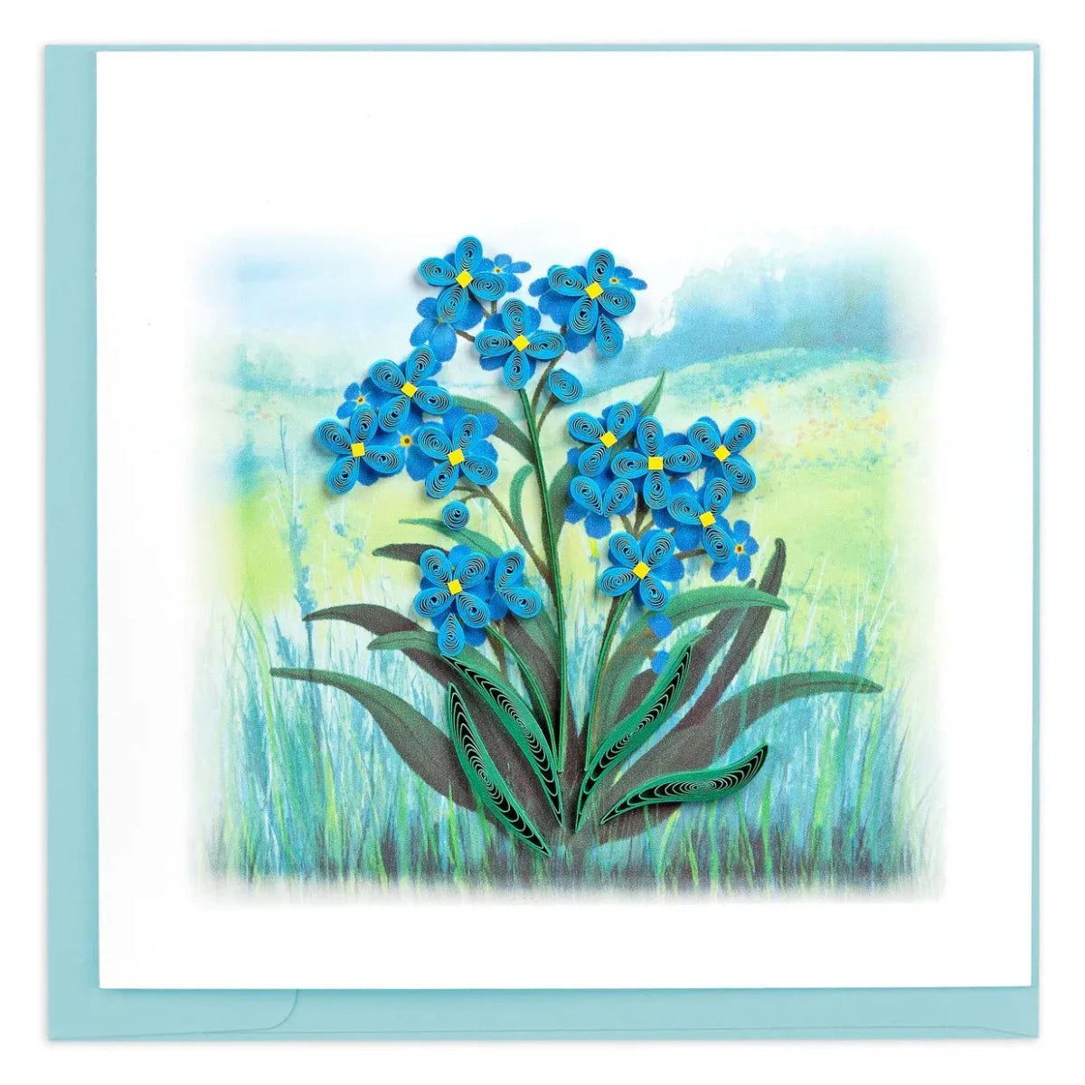 Card with blue flowers and green leaves on a light blue background - okotoks hc pharmacy