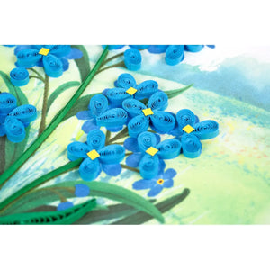 Artistic depiction of blue flowers with yellow centers on a green background - okotoks hc pharmacy
