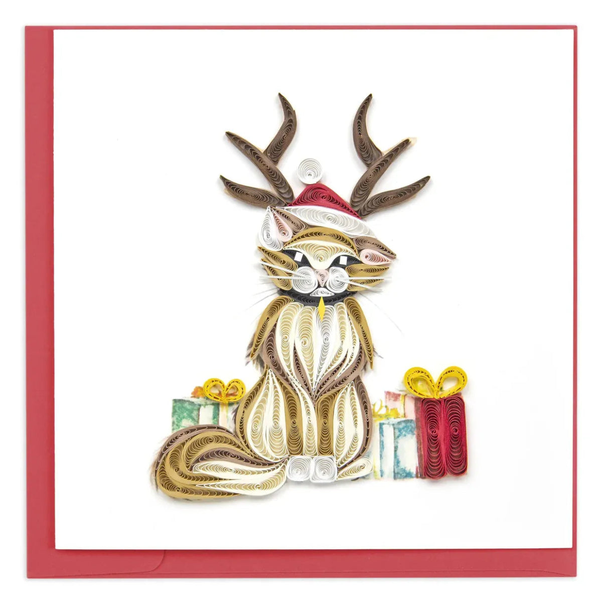 Quilled cat with reindeer antlers and a Santa hat on a white background - okotoks hc pharmacy