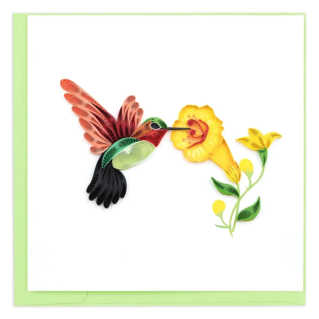 Quilled artwork of a hummingbird and yellow flower on a white background - okotoks hc pharmacy