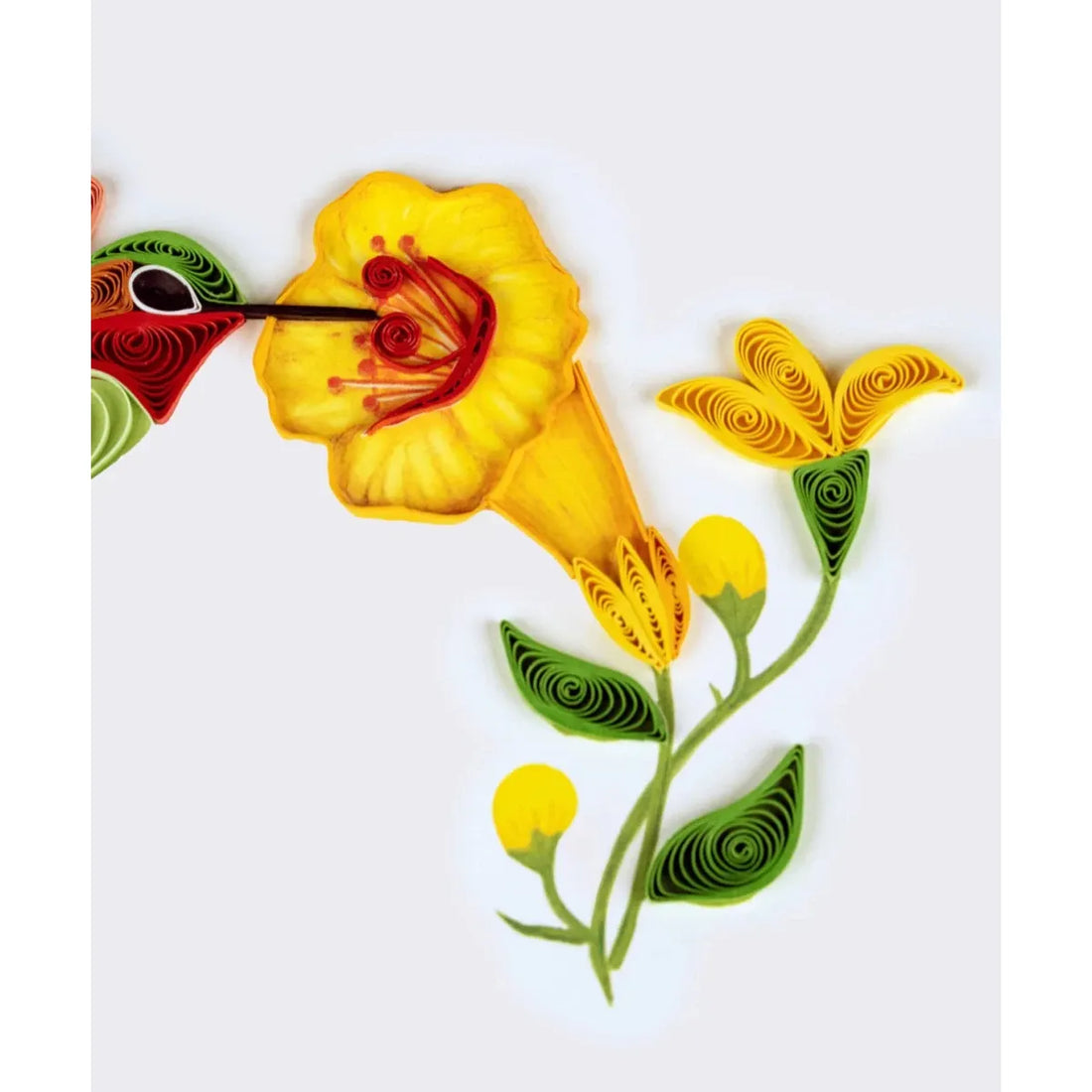 Quilled artwork of a hummingbird and flowers on a white background - okotoks hc pharmacy