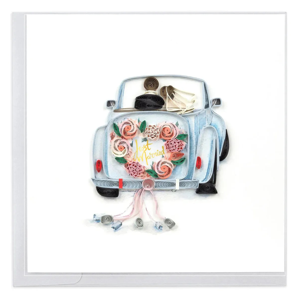Decorative card with a vintage car with floral design and 'Just Married' text. - okotoks hc pharmacy