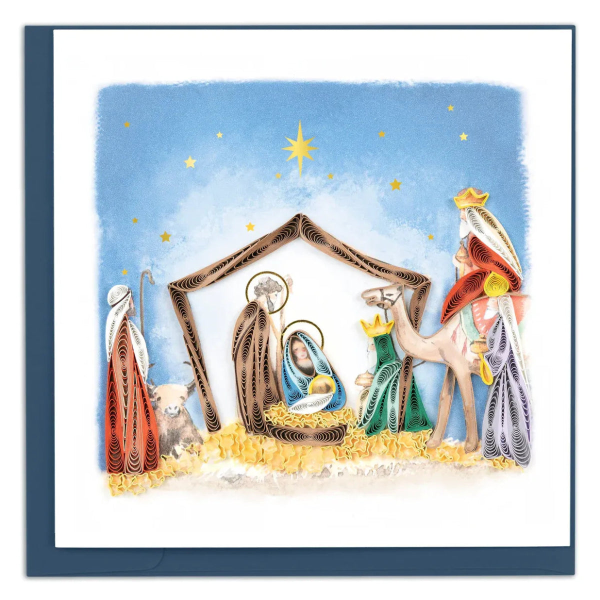 Nativity scene with Mary, Joseph, baby Jesus, and animals against a blue sky with stars. - okotoks hc pharmacy