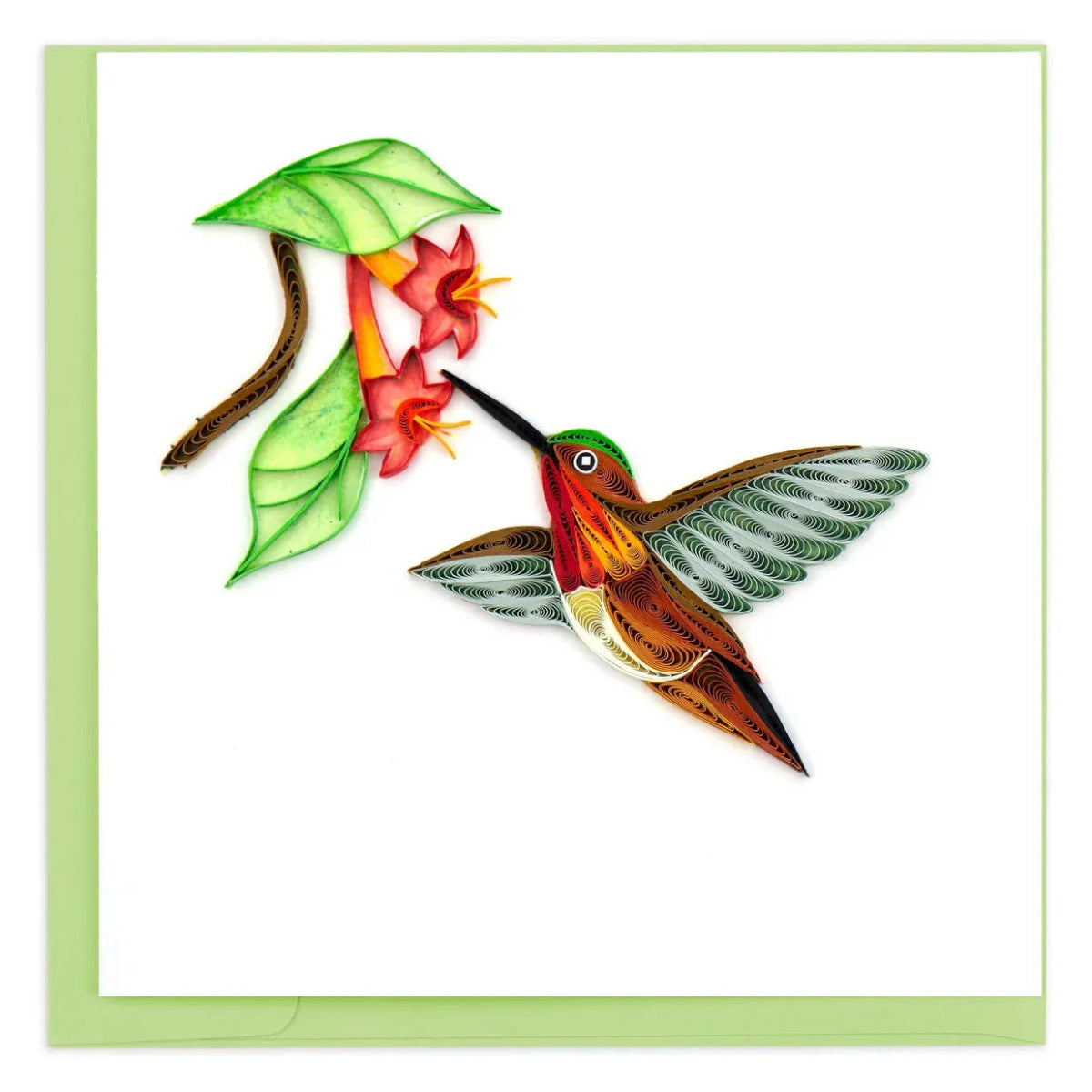 Quilled artwork of a hummingbird and flowers on a white background - okotoks hc pharmacy