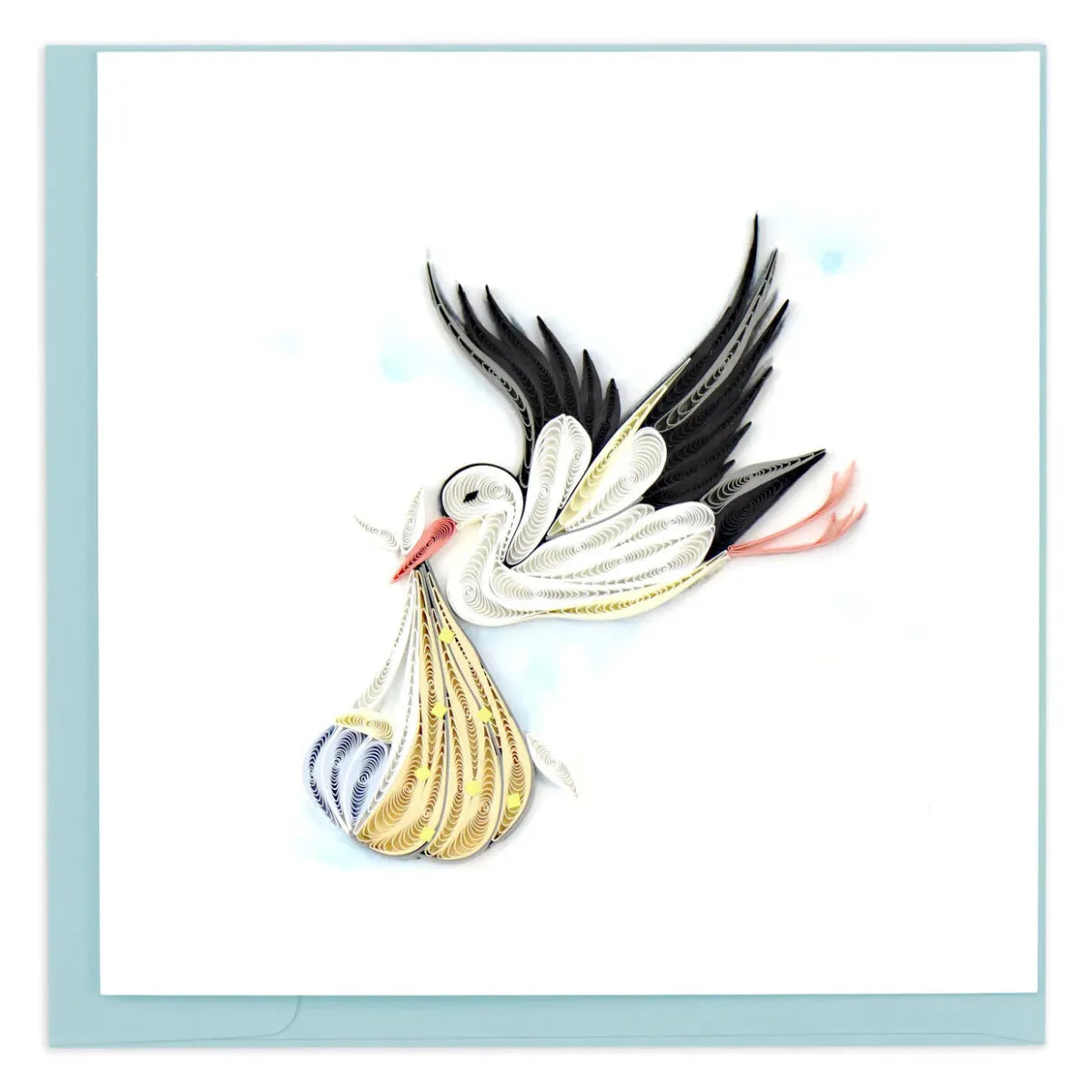 Decorative card with a stork carrying a baby wrapped in a rainbow blanket on a light blue background. - okotoks hc pharmacy