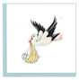 Decorative card with a stork carrying a baby wrapped in a rainbow blanket on a light blue background. - okotoks hc pharmacy