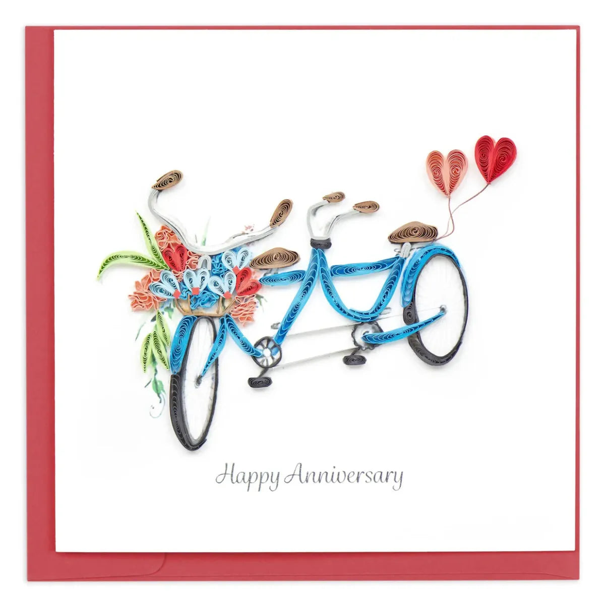 Card with a tandem bicycle design, flowers, and heart balloons on a white background. - okotoks hc pharmacy