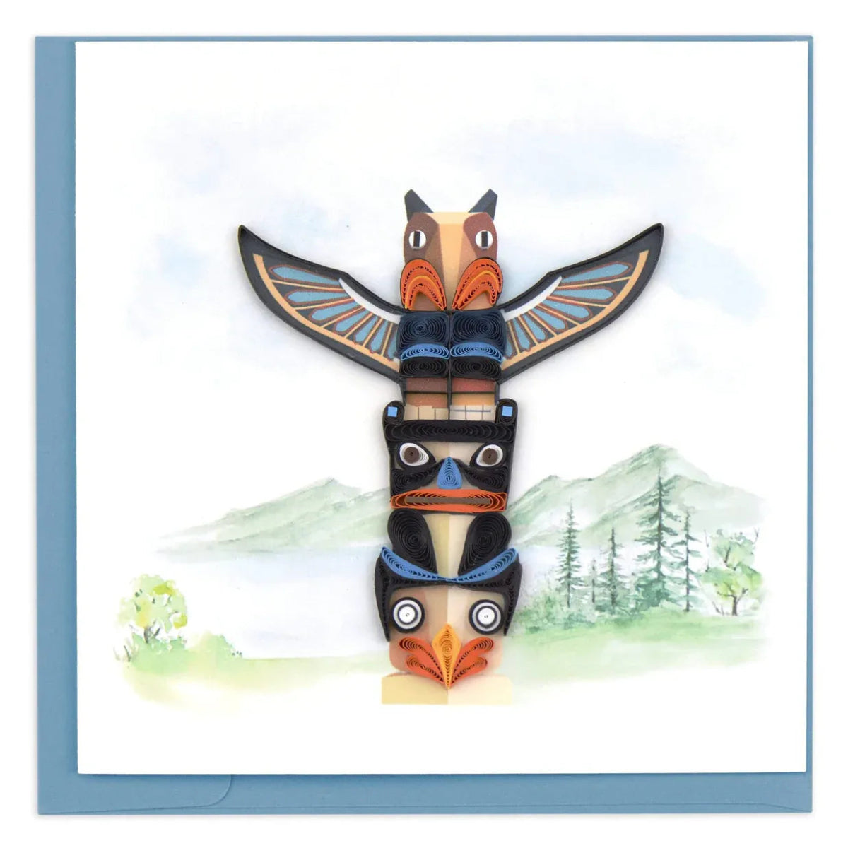 Colorful totem pole design with a mountain and forest background - okotoks hc pharmacy