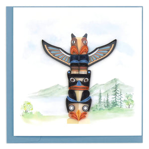Colorful totem pole design with a mountain and forest background - okotoks hc pharmacy