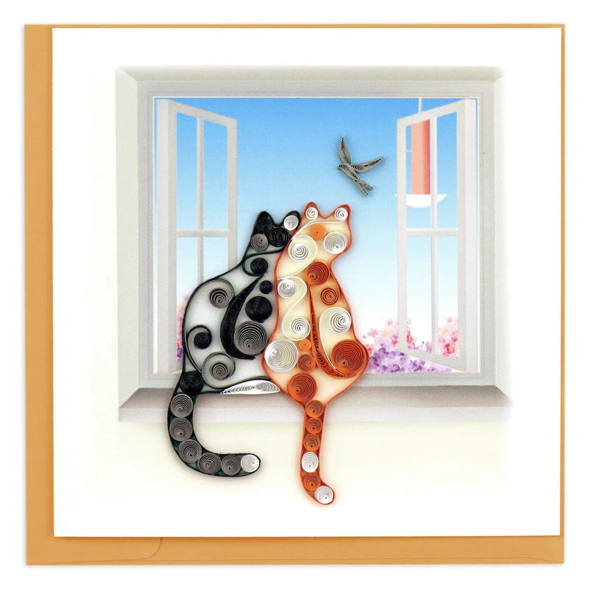 Decorative quilled card of two cats by a window with a bird. - okotoks hc pharmacy