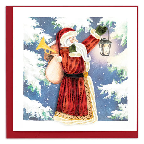 Vintage-style Christmas card with a detailed illustration of Santa Claus holding a lantern and horn against a snowy background. - okotoks hc pharmacy