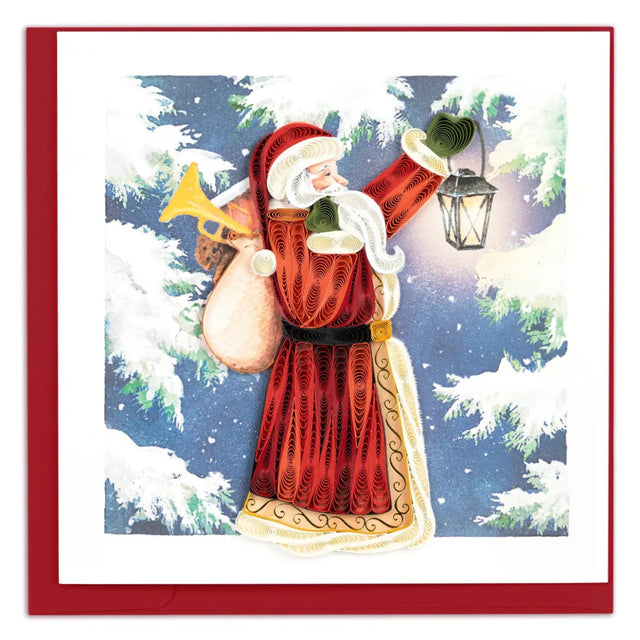 Vintage-style Christmas card with a detailed illustration of Santa Claus holding a lantern and horn against a snowy background. - okotoks hc pharmacy
