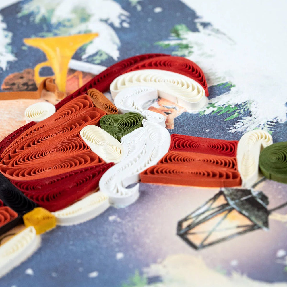 Decorative paper sculpture of santa with a Christmas scene background - okotoks hc pharmacy