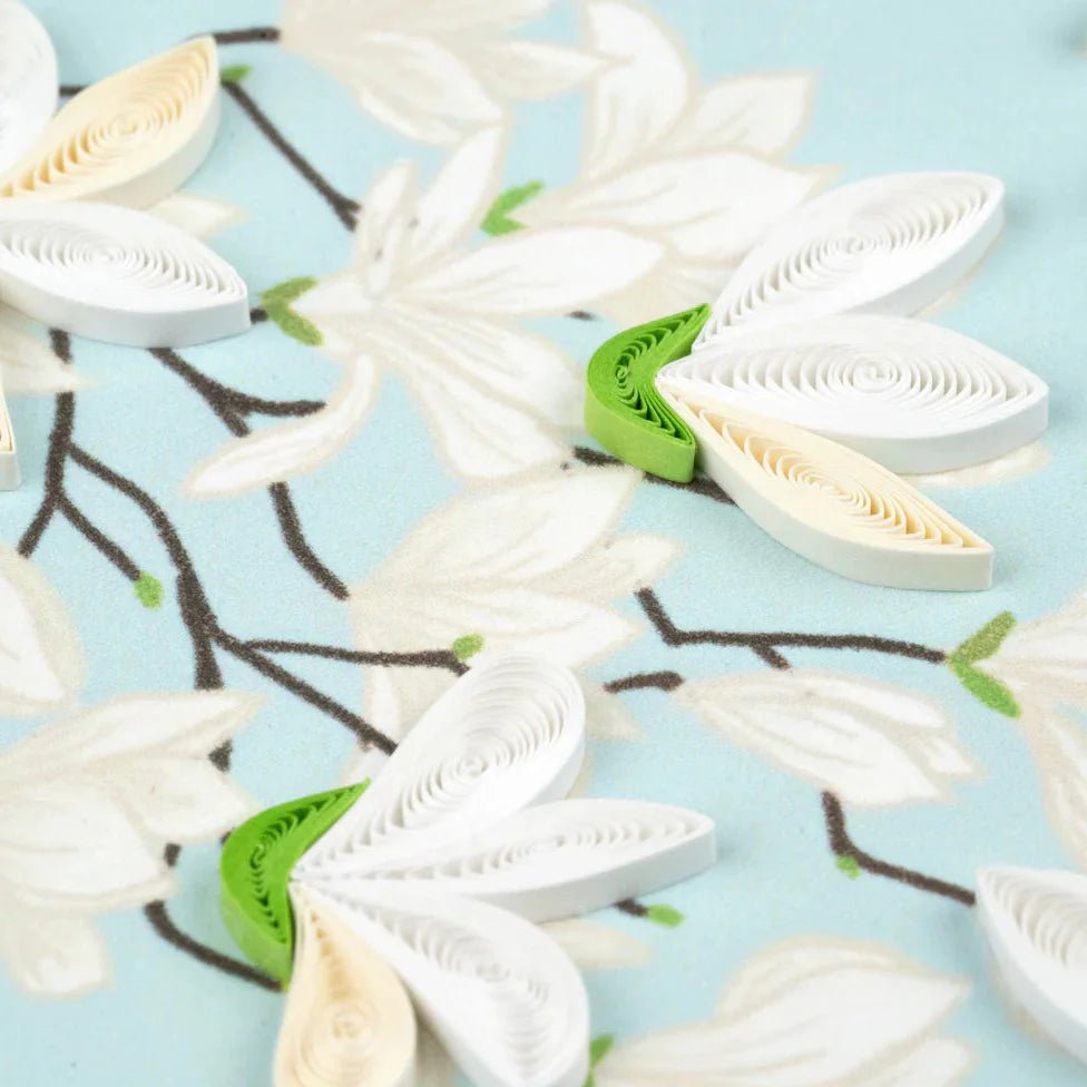 White paper flowers on a light blue background - okotoks hc pharmacy