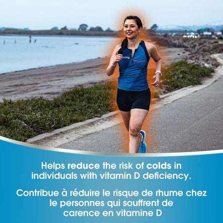 Woman running on a path by a waterfront with text about vitamin D deficiency. - okotoks hc pharmacy