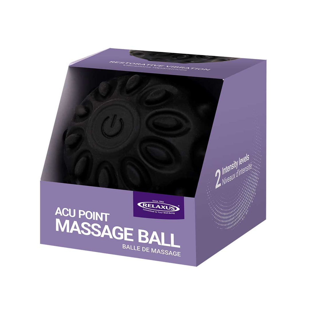 Black massage ball in a purple packaging box with 'Relaxus' branding on a white background - okotoks hc pharmacy