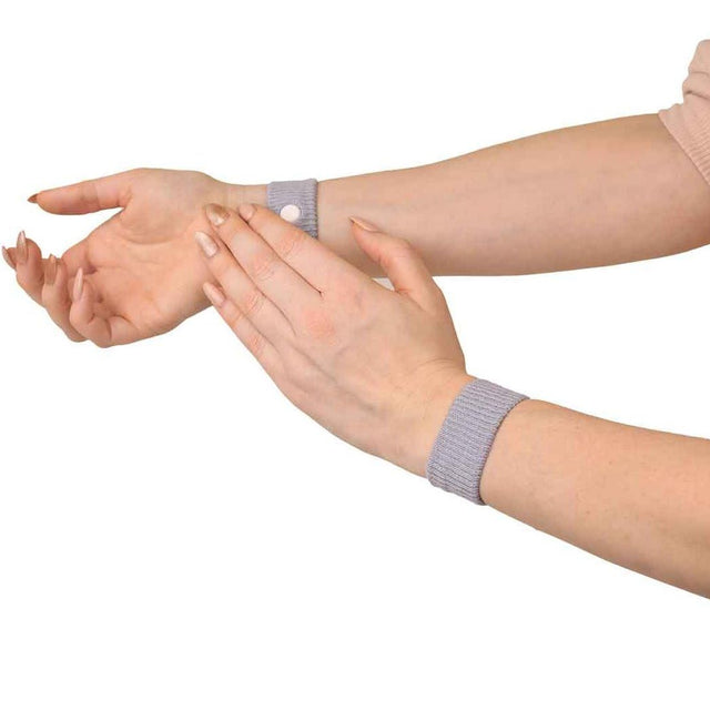 Two hands wearing gray wristbands on a white background - okotoks hc pharmacy