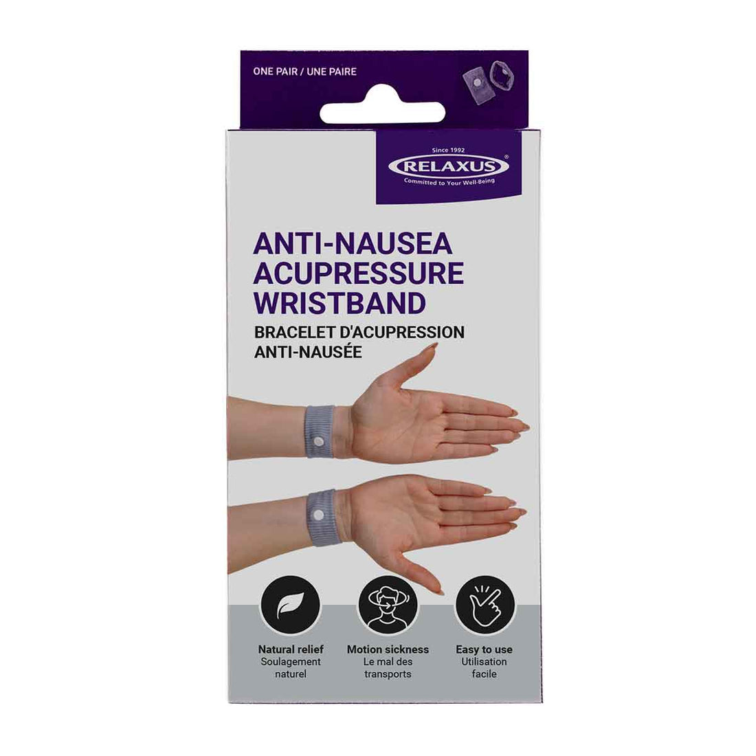 Packaging of Relaxus anti-nausea acupressure wristband with images of hands wearing the band. - okotoks hc pharmacy