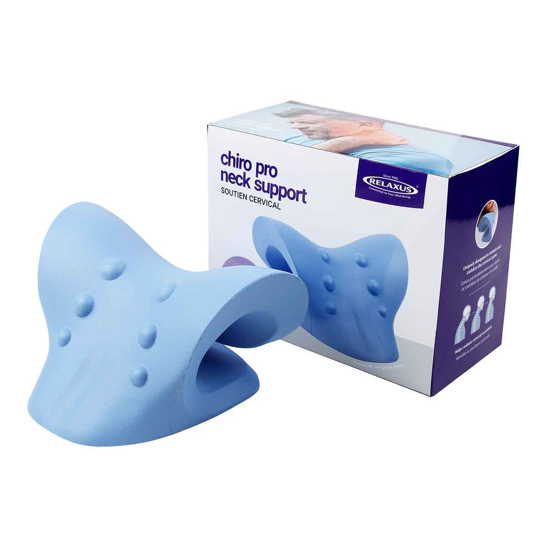 Blue neck support with packaging on a white background - okotoks hc pharmacy