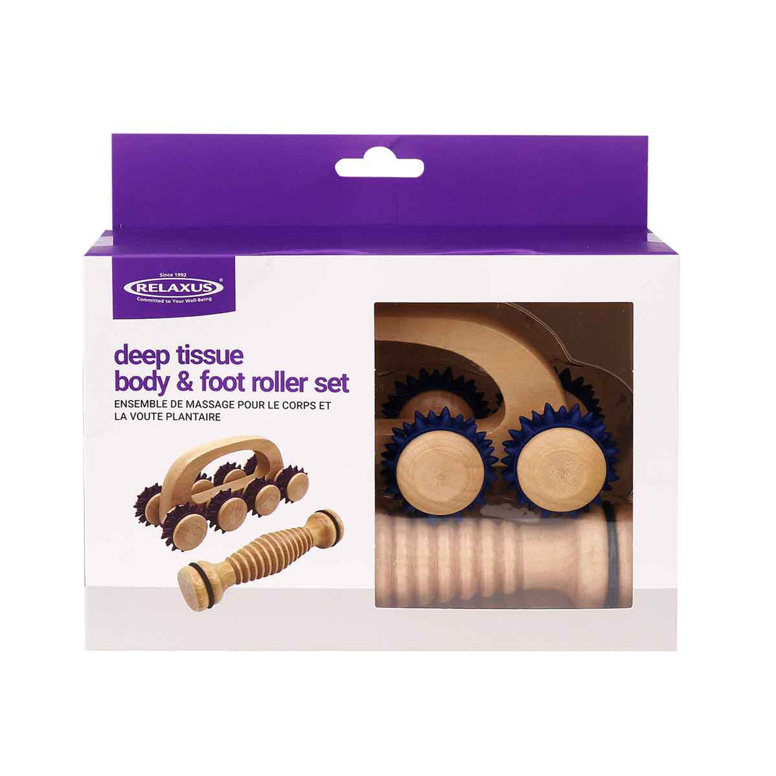 Packaging of a deep tissue body and foot roller set with visible rollers on a white background. - okotoks hc pharmacy