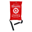 Red fire blanket packaging with black straps on a white background - okotoks hc pharmacy