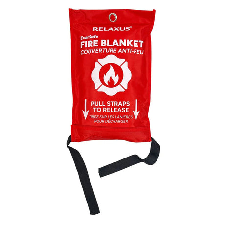 Red fire blanket packaging with black straps on a white background - okotoks hc pharmacy