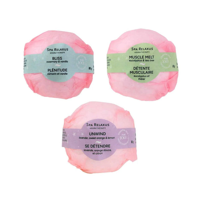 Three pink bath bombs with labels on a white background - okotoks hc pharmacy