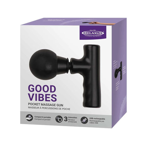 Black pocket massage gun with 'Good Vibes' text on a white background - okotoks hc pharmacy