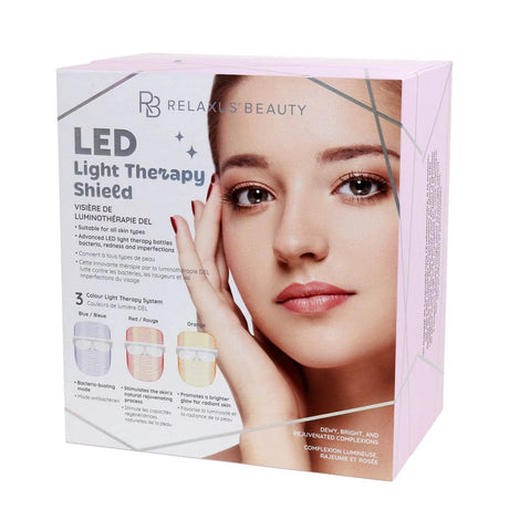 Relaxus Beauty LED Light Therapy Shield packaging with a woman's face on it. - okotoks hc pharmacy