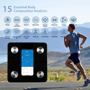 Smart scale with body composition analysis features displayed, alongside a person running outdoors. - okotoks hc pharmacy