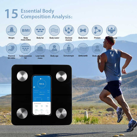 Smart scale with body composition analysis features displayed, alongside a person running outdoors. - okotoks hc pharmacy